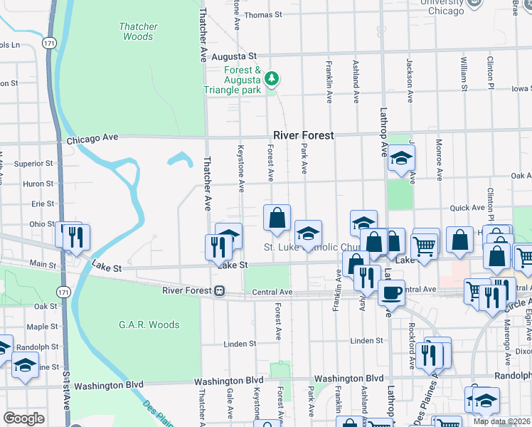 map of restaurants, bars, coffee shops, grocery stores, and more near 562 Forest Avenue in River Forest