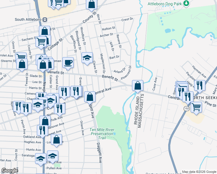 map of restaurants, bars, coffee shops, grocery stores, and more near 1028 Central Avenue in Pawtucket