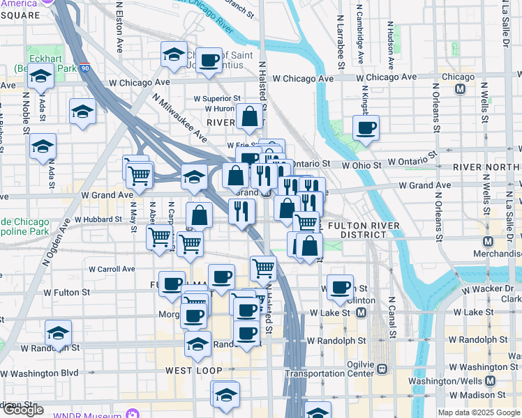 map of restaurants, bars, coffee shops, grocery stores, and more near 448 North Halsted Street in Chicago