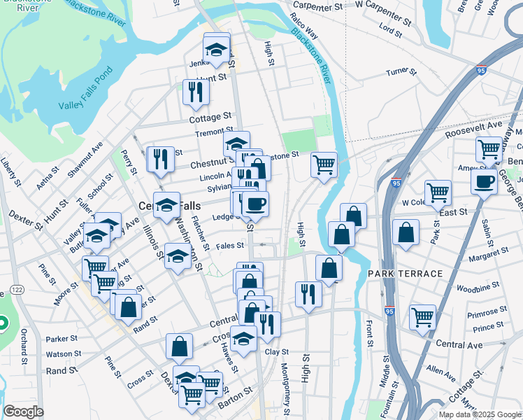 map of restaurants, bars, coffee shops, grocery stores, and more near 37 Sheridan St in Central Falls