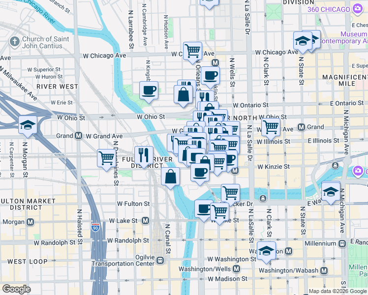 map of restaurants, bars, coffee shops, grocery stores, and more near 360 West Hubbard Street in Chicago