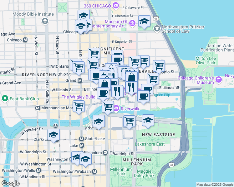 map of restaurants, bars, coffee shops, grocery stores, and more near 435 North Michigan Avenue in Chicago