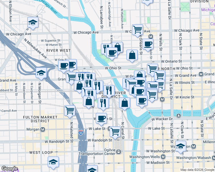 map of restaurants, bars, coffee shops, grocery stores, and more near 486 North Clinton Street in Chicago