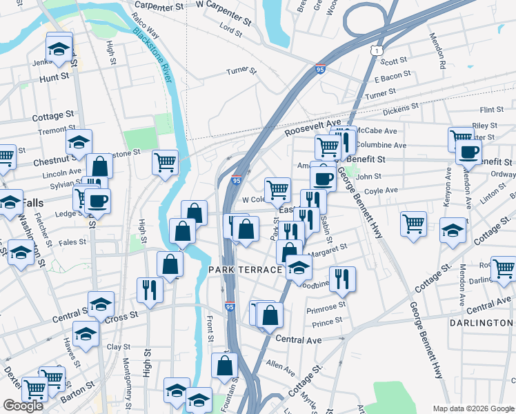 map of restaurants, bars, coffee shops, grocery stores, and more near 134 East Street in Pawtucket