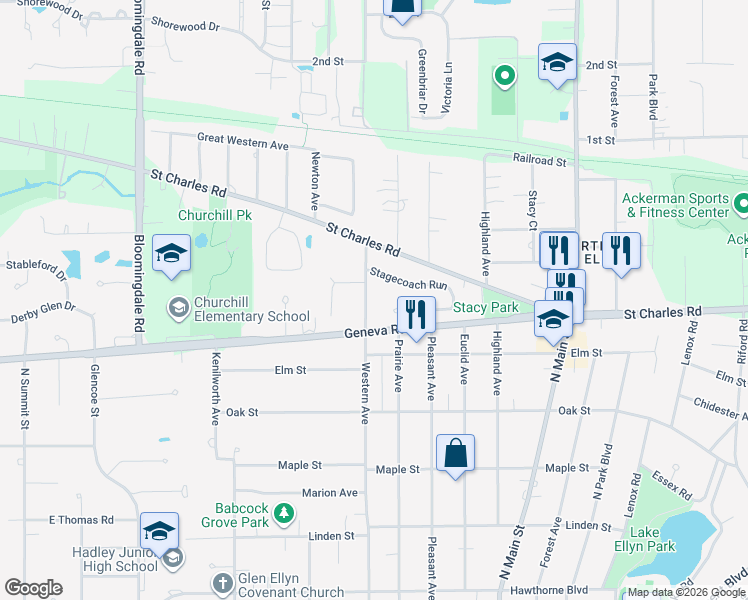 map of restaurants, bars, coffee shops, grocery stores, and more near 849 Western Avenue in Glen Ellyn