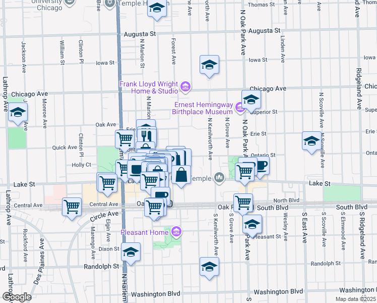 map of restaurants, bars, coffee shops, grocery stores, and more near 938 Ontario Street in Oak Park