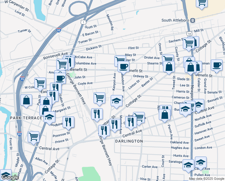 map of restaurants, bars, coffee shops, grocery stores, and more near 160 Kenyon Avenue in Pawtucket