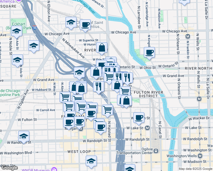 map of restaurants, bars, coffee shops, grocery stores, and more near 448 North Halsted Street in Chicago