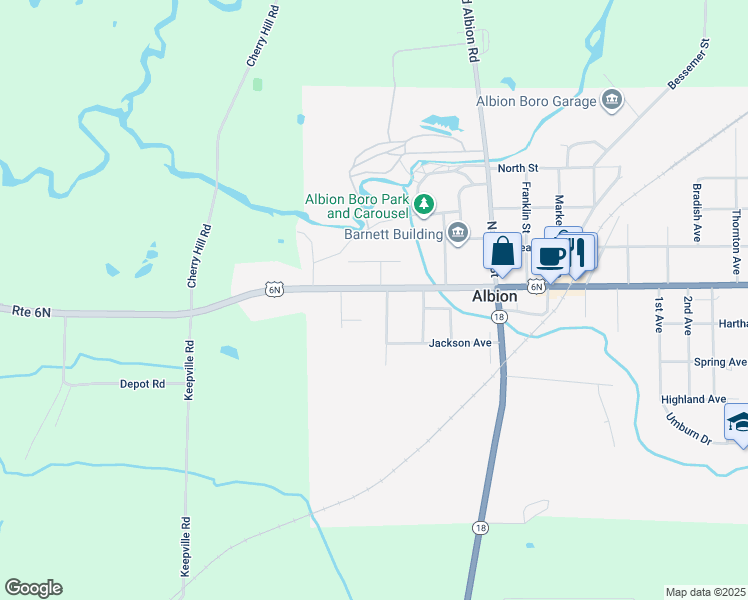 map of restaurants, bars, coffee shops, grocery stores, and more near 118 W State St in Albion