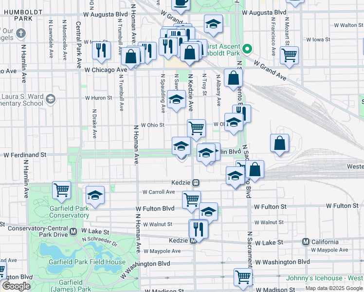 map of restaurants, bars, coffee shops, grocery stores, and more near 3240 West Franklin Boulevard in Chicago