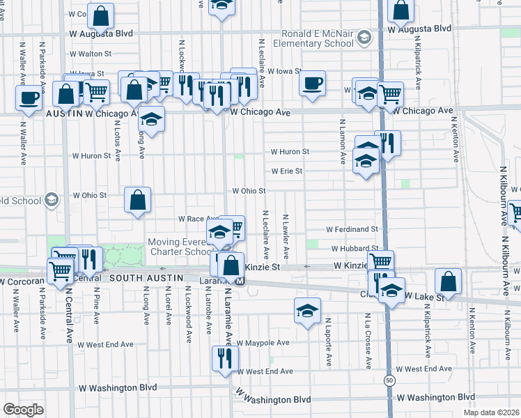 map of restaurants, bars, coffee shops, grocery stores, and more near 536 North Leclaire Avenue in Chicago