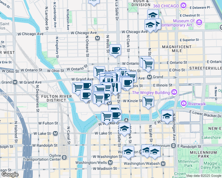 map of restaurants, bars, coffee shops, grocery stores, and more near 157 West Illinois Street in Chicago
