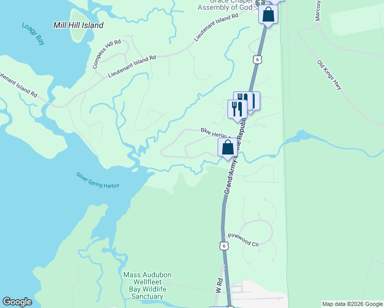 map of restaurants, bars, coffee shops, grocery stores, and more near 285 Blue Heron Road in Wellfleet