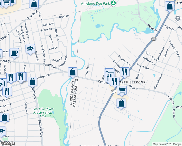 map of restaurants, bars, coffee shops, grocery stores, and more near 24 Perrin Avenue in Seekonk