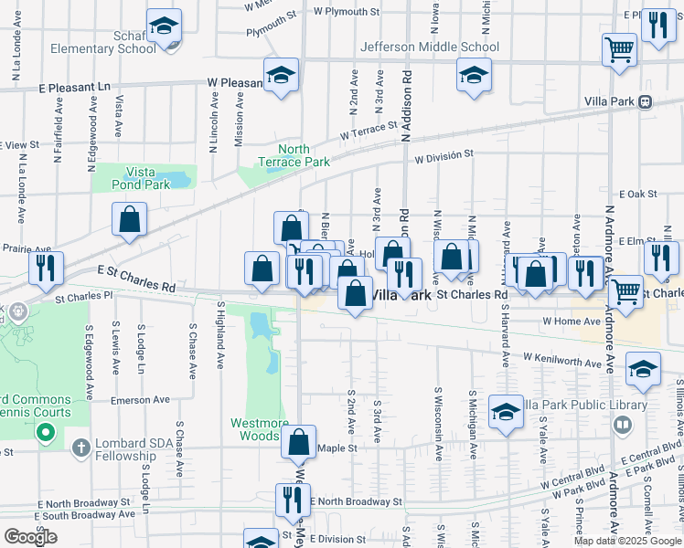 map of restaurants, bars, coffee shops, grocery stores, and more near 20 North 2nd Avenue in Villa Park