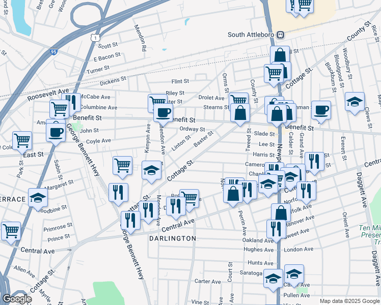 map of restaurants, bars, coffee shops, grocery stores, and more near 558 Cottage Street in Pawtucket