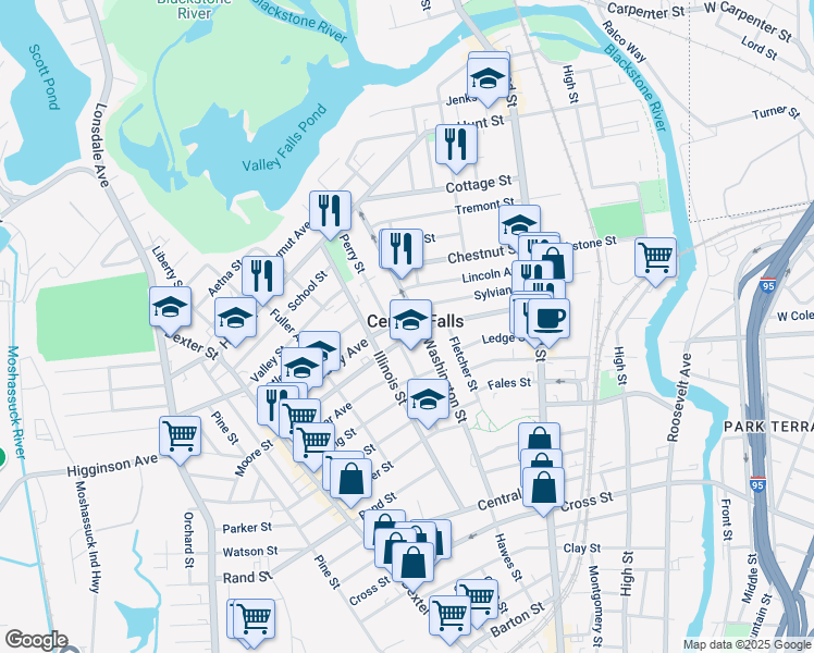 map of restaurants, bars, coffee shops, grocery stores, and more near in Central Falls