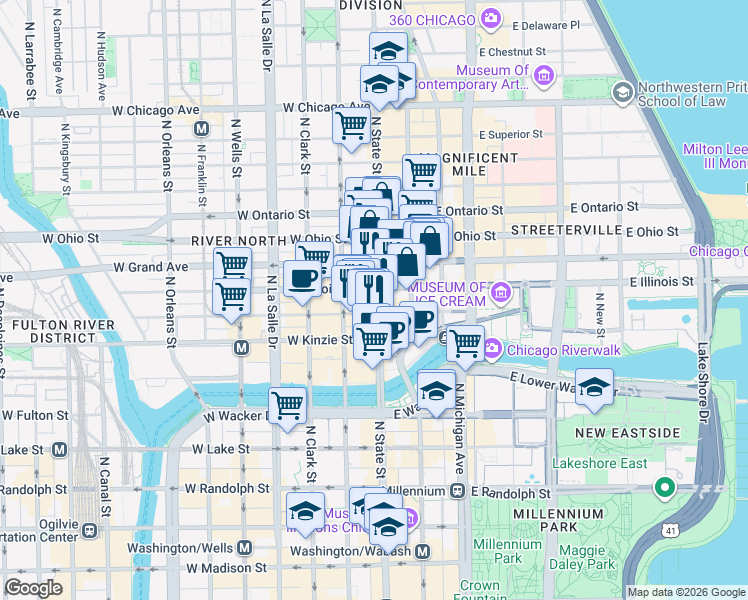 map of restaurants, bars, coffee shops, grocery stores, and more near 11 West Illinois Street in Chicago
