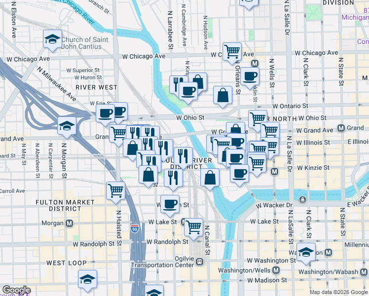 map of restaurants, bars, coffee shops, grocery stores, and more near 486 North Clinton Street in Chicago
