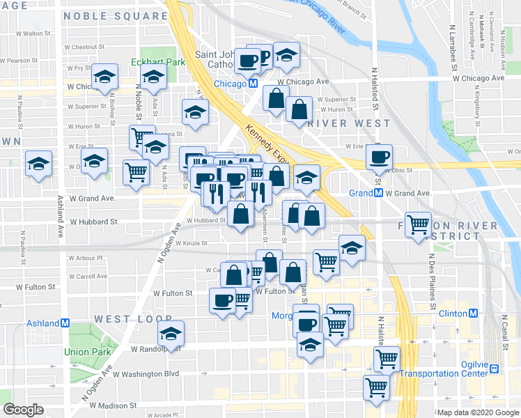 map of restaurants, bars, coffee shops, grocery stores, and more near in Chicago