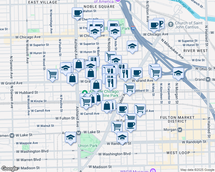 map of restaurants, bars, coffee shops, grocery stores, and more near 1410 West Ferdinand Street in Chicago