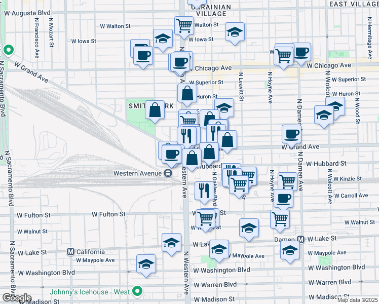 map of restaurants, bars, coffee shops, grocery stores, and more near 2405 West Grand Avenue in Chicago