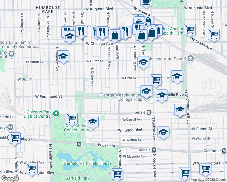 map of restaurants, bars, coffee shops, grocery stores, and more near 3424 West Franklin Boulevard in Chicago