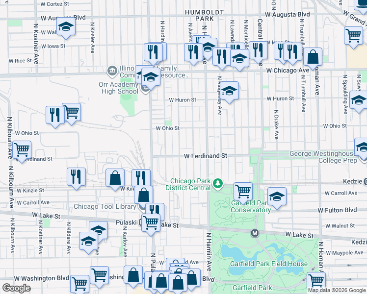 map of restaurants, bars, coffee shops, grocery stores, and more near 519 North Springfield Avenue in Chicago