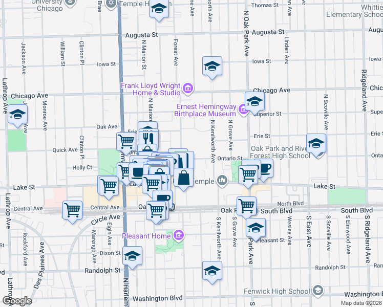 map of restaurants, bars, coffee shops, grocery stores, and more near 938 Ontario Street in Oak Park