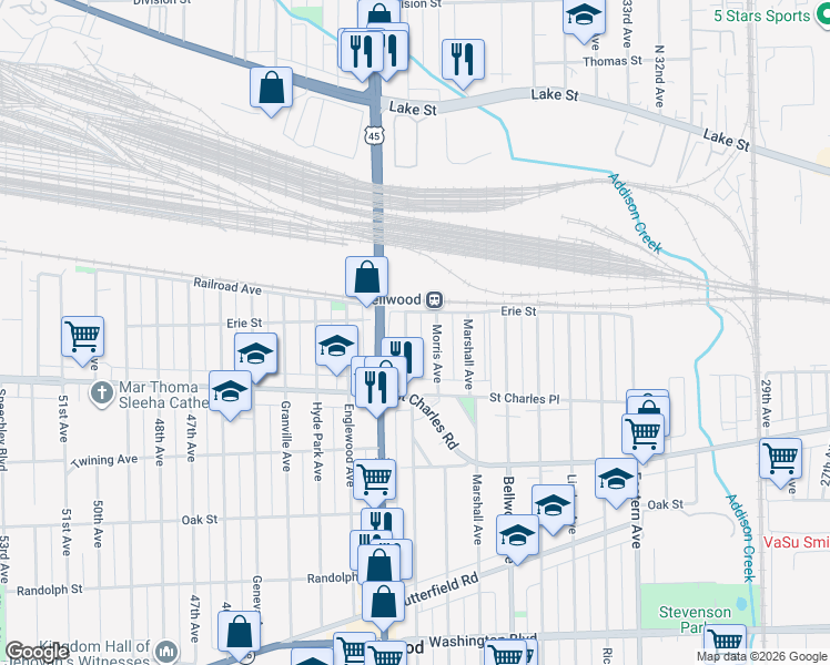 map of restaurants, bars, coffee shops, grocery stores, and more near 109 Frederick Avenue in Bellwood