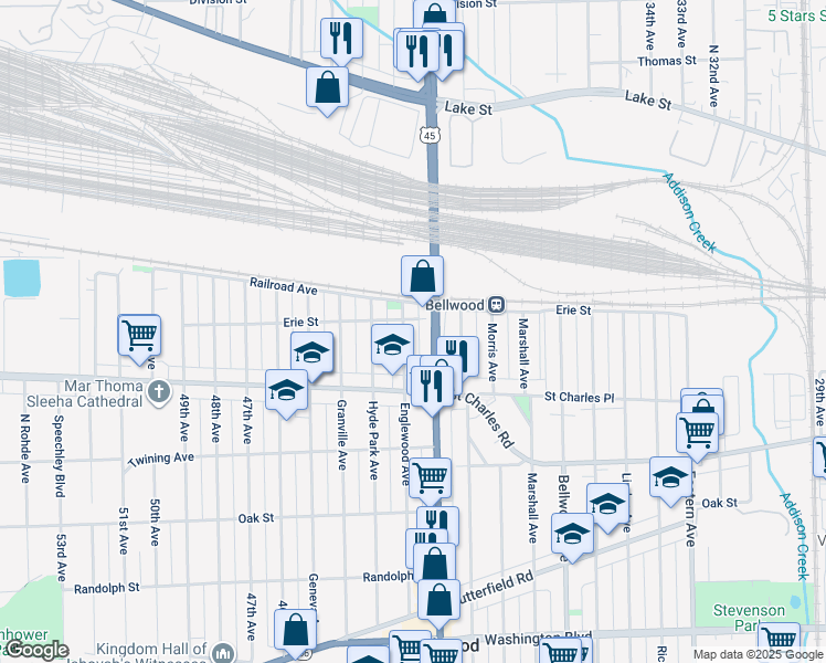 map of restaurants, bars, coffee shops, grocery stores, and more near 106 Englewood Avenue in Bellwood
