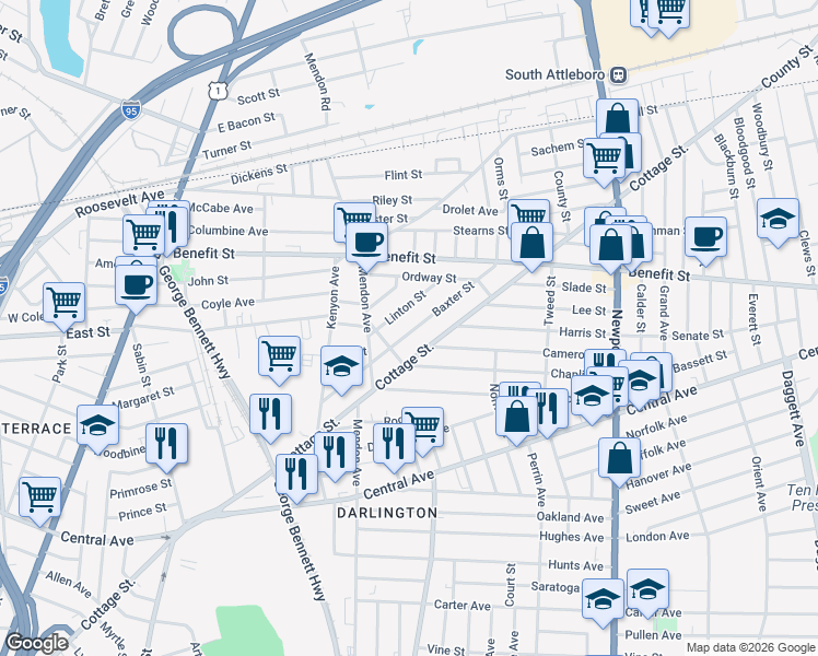 map of restaurants, bars, coffee shops, grocery stores, and more near 152 Baxter Street in Pawtucket