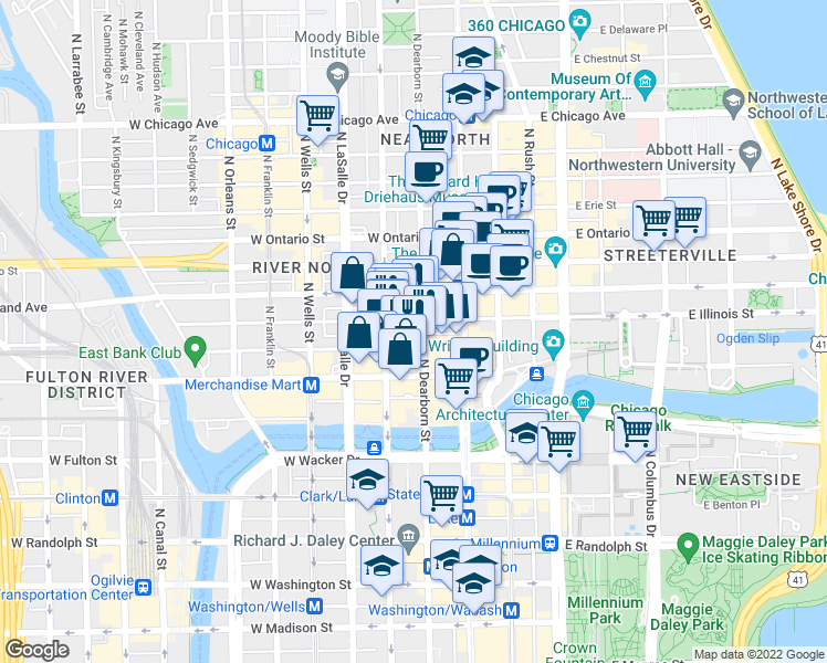map of restaurants, bars, coffee shops, grocery stores, and more near 444 North Dearborn Street in Chicago