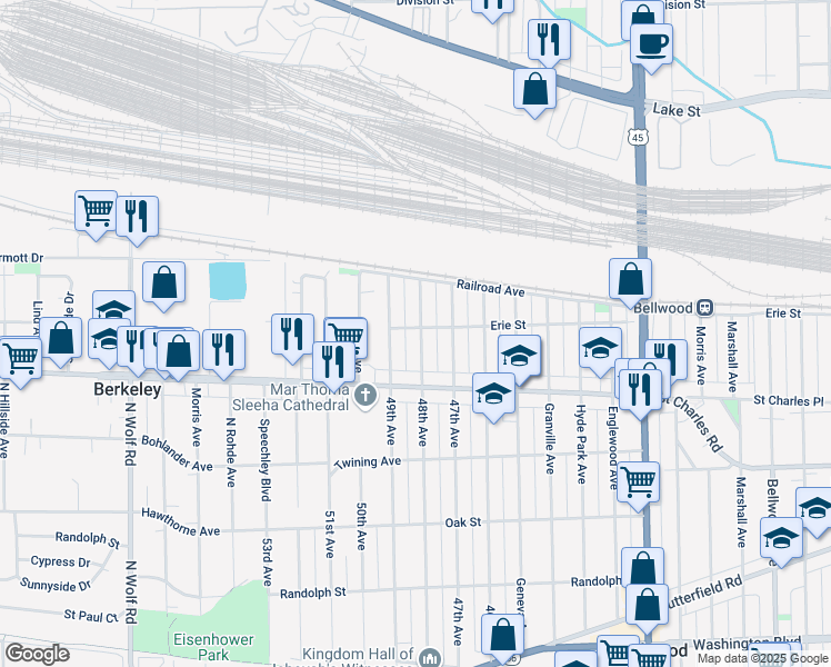 map of restaurants, bars, coffee shops, grocery stores, and more near 100 48th Avenue in Bellwood