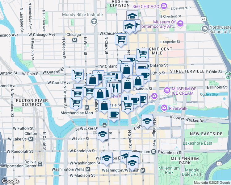 map of restaurants, bars, coffee shops, grocery stores, and more near 55 West Illinois Street in Chicago