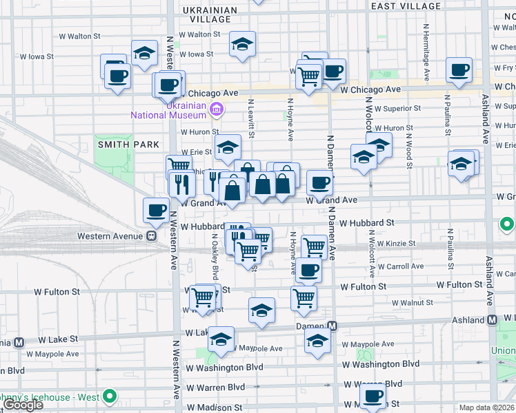 map of restaurants, bars, coffee shops, grocery stores, and more near 2159 West Grand Avenue in Chicago