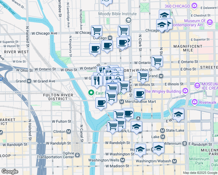 map of restaurants, bars, coffee shops, grocery stores, and more near 311 West Illinois Street in Chicago