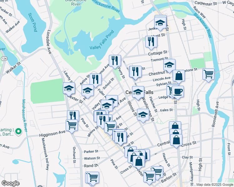 map of restaurants, bars, coffee shops, grocery stores, and more near 25 Butler Avenue in Central Falls