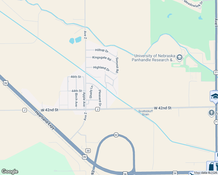 map of restaurants, bars, coffee shops, grocery stores, and more near 4325 Pleasant Drive in Scottsbluff