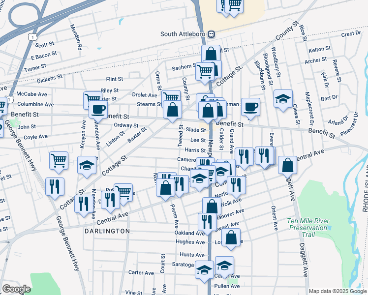 map of restaurants, bars, coffee shops, grocery stores, and more near 126 Harris Street in Pawtucket