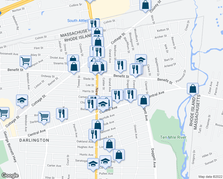 map of restaurants, bars, coffee shops, grocery stores, and more near 395 Grand Avenue in Pawtucket