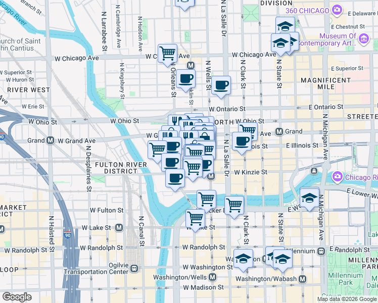 map of restaurants, bars, coffee shops, grocery stores, and more near 311 West Illinois Street in Chicago