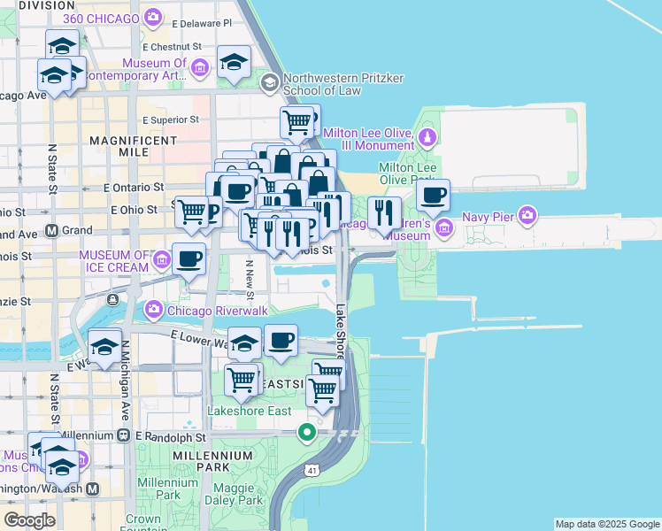 map of restaurants, bars, coffee shops, grocery stores, and more near 450 North Lake Shore Drive in Chicago