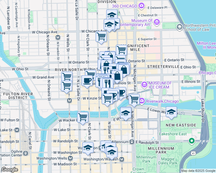 map of restaurants, bars, coffee shops, grocery stores, and more near 11 West Illinois Street in Chicago