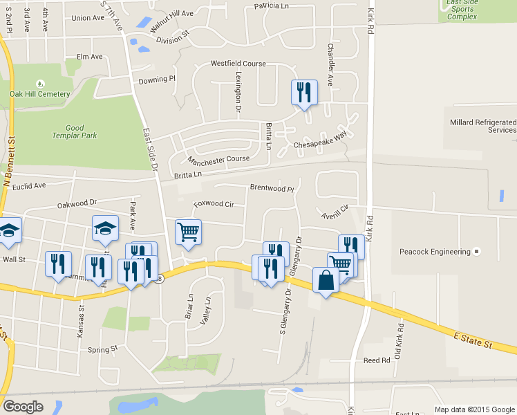 map of restaurants, bars, coffee shops, grocery stores, and more near 420 Greenfield Circle in Geneva