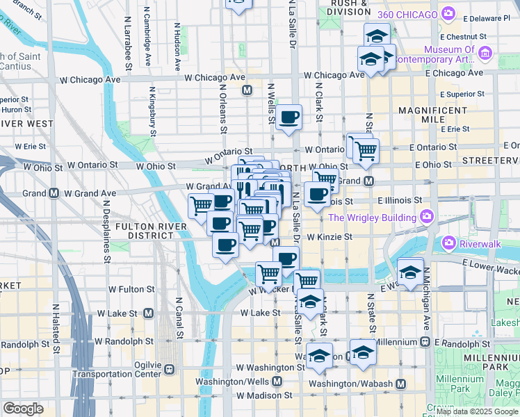map of restaurants, bars, coffee shops, grocery stores, and more near 215 West Illinois Street in Chicago