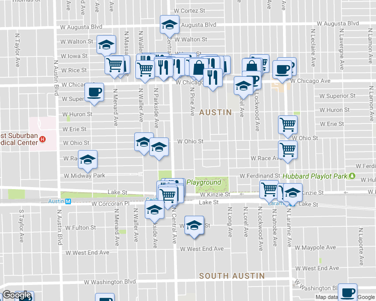 map of restaurants, bars, coffee shops, grocery stores, and more near 556 North Pine Avenue in Chicago
