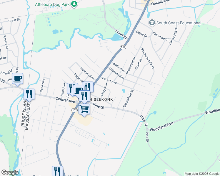 map of restaurants, bars, coffee shops, grocery stores, and more near 50 William Avenue in Seekonk