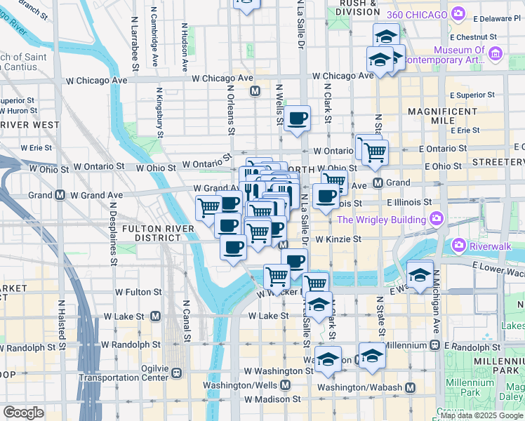 map of restaurants, bars, coffee shops, grocery stores, and more near 444 North Wells Street in Chicago