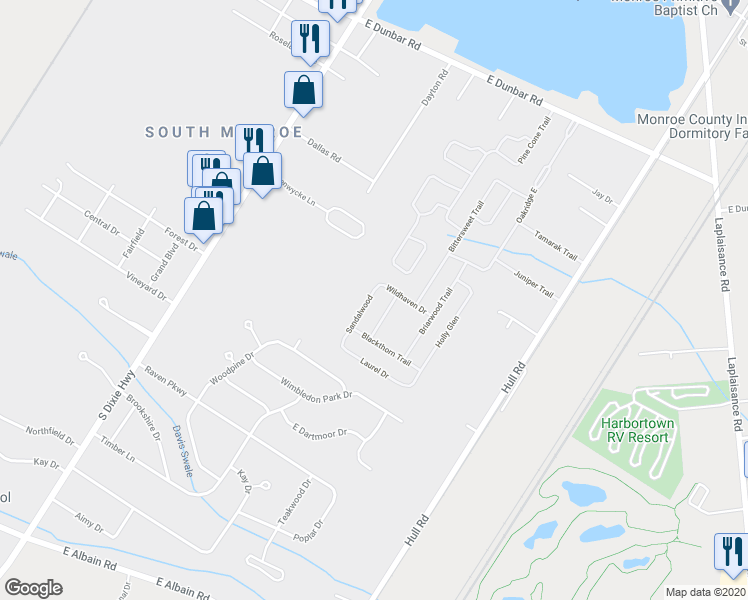 map of restaurants, bars, coffee shops, grocery stores, and more near 336 Sandalwood in Monroe